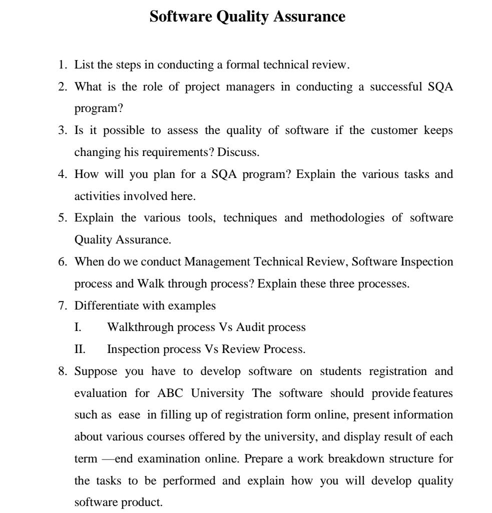 software quality assurance assignment questions