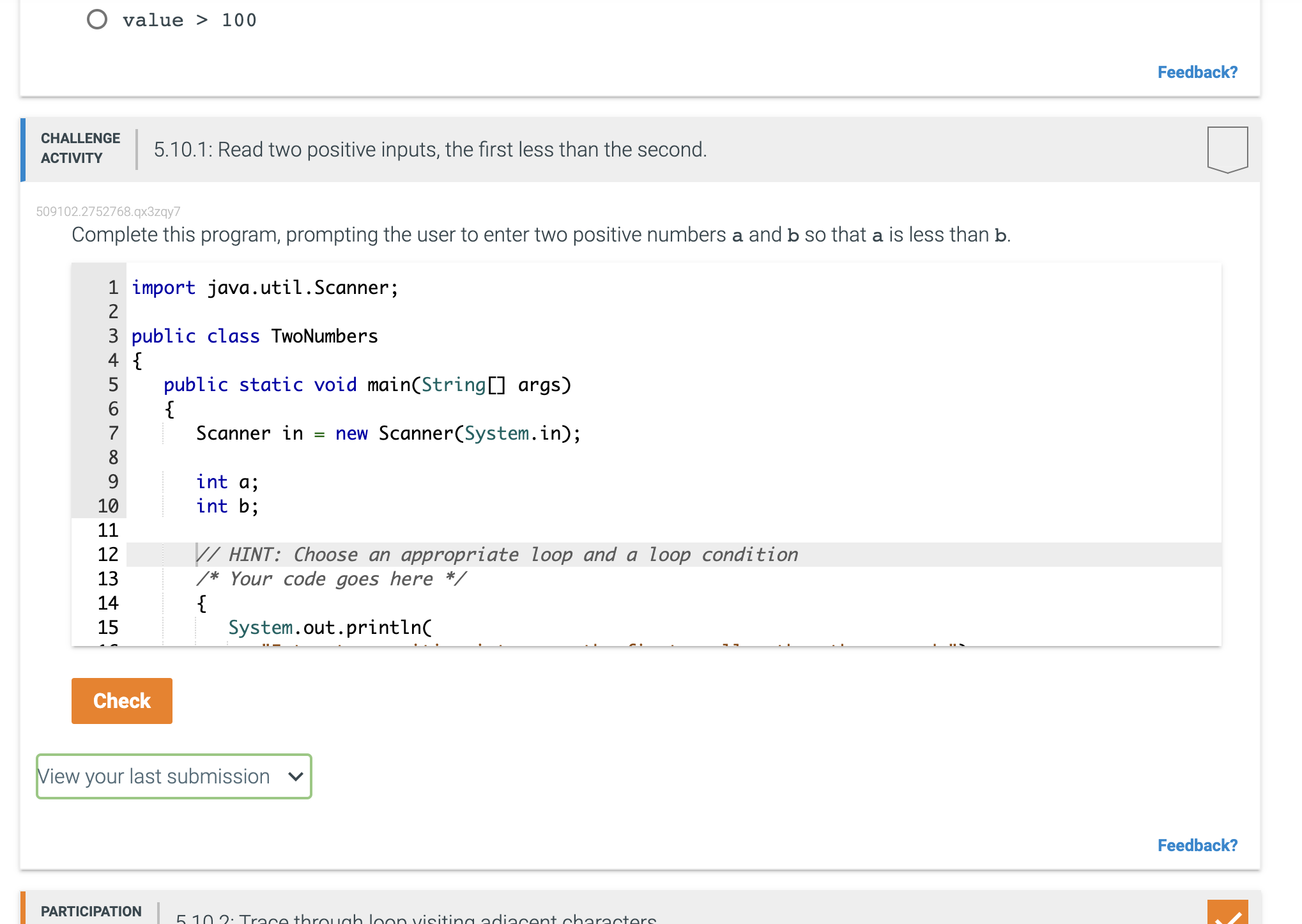 Solved value >100 CHALLENGE ACTIVITY 5.10.1: Read two | Chegg.com