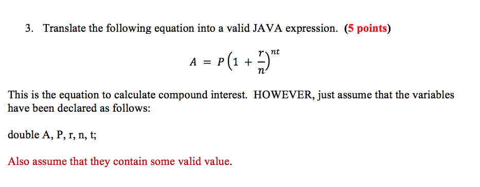 Solved 3. Translate the following equation into a valid JAVA | Chegg.com