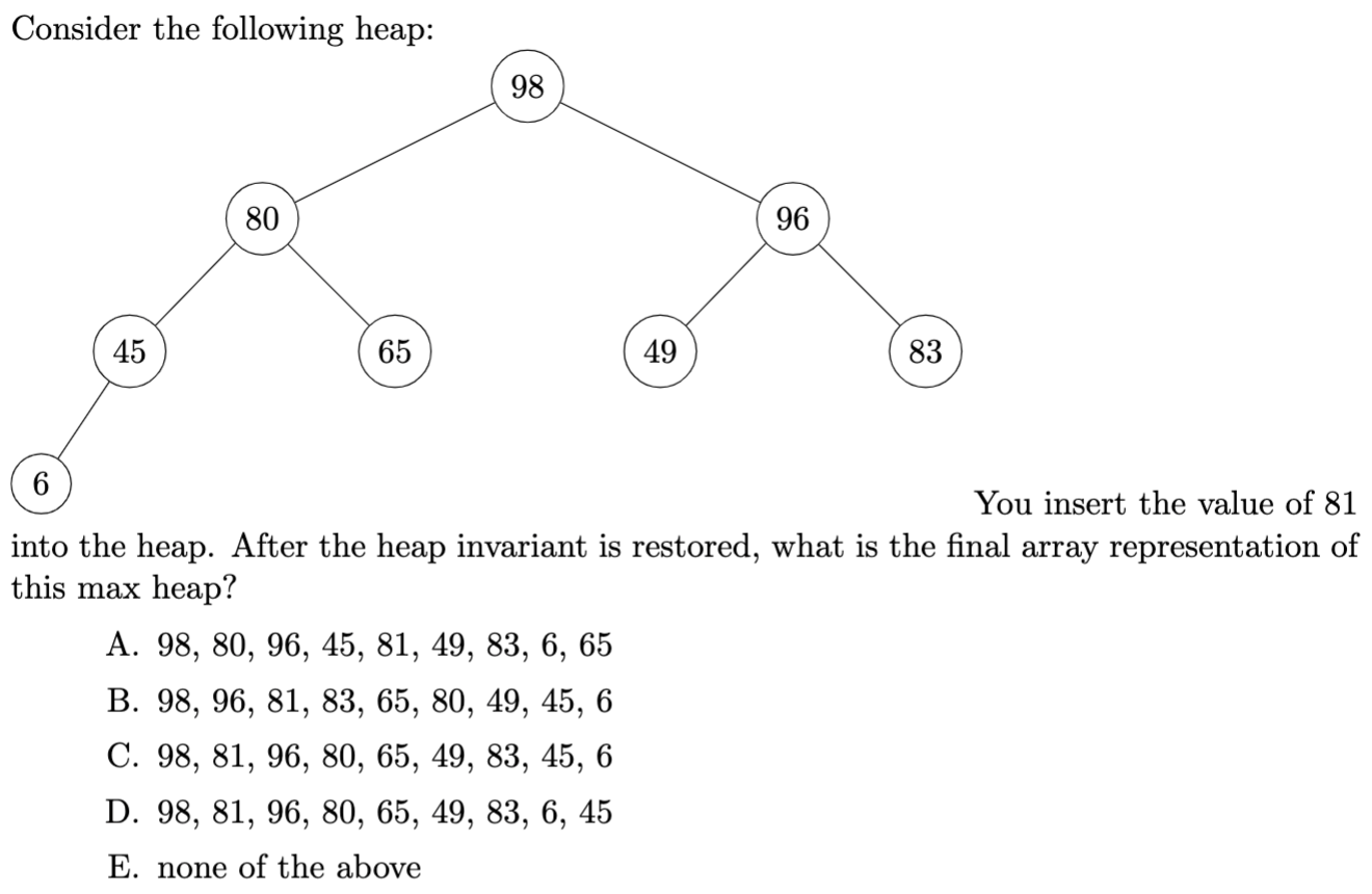 Solved Consider the following heap: 98 80 96 45 65 49 83 6 | Chegg.com