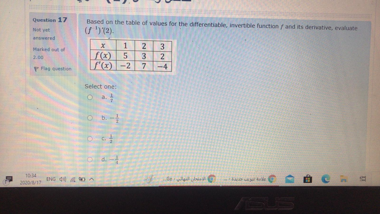 Solved Question 17 Based on the table of values for the | Chegg.com