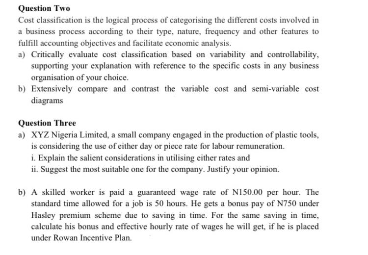 Solved Question Two Cost classification is the logical