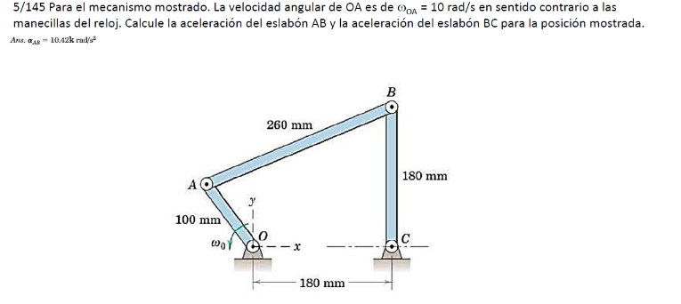 5/145 Para el mecanismo mostrado. La velocidad angular de \( \mathrm{OA} \) es de \( \omega_{\mathrm{OA}}=10 \mathrm{rad} / \