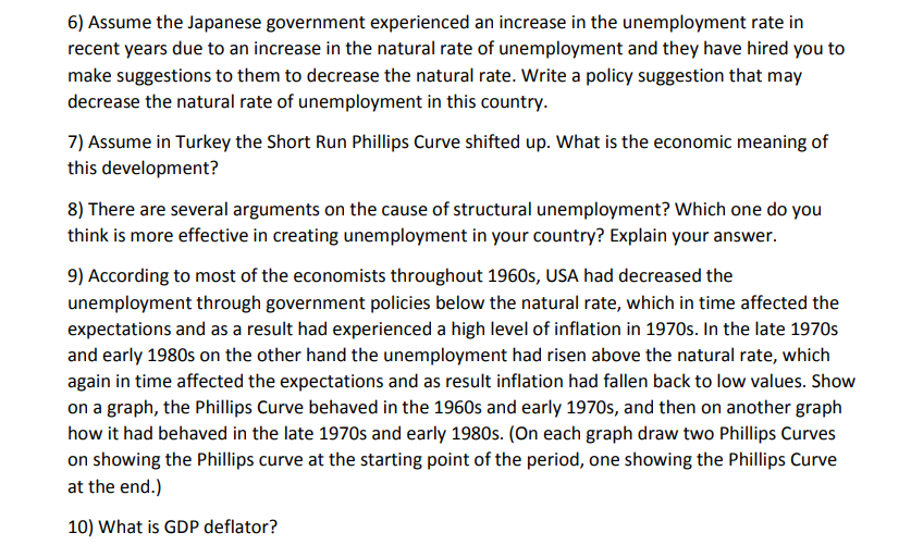 6) Assume the Japanese government experienced an increase in the unemployment rate in
recent years due to an increase in the 