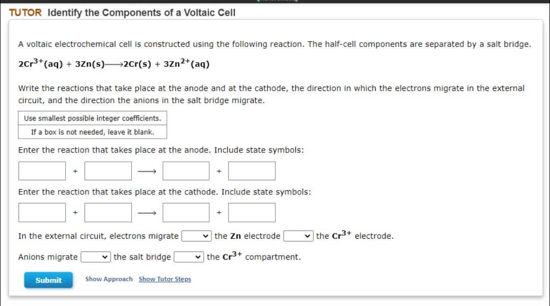 Solved TUTOR Identify the Components of a Voltaic Cell A | Chegg.com