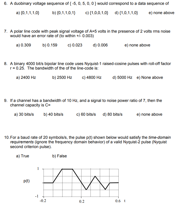 Solved 6. A Duobinary Voltage Sequence Of{-5, 0,5, 0, 0 } 