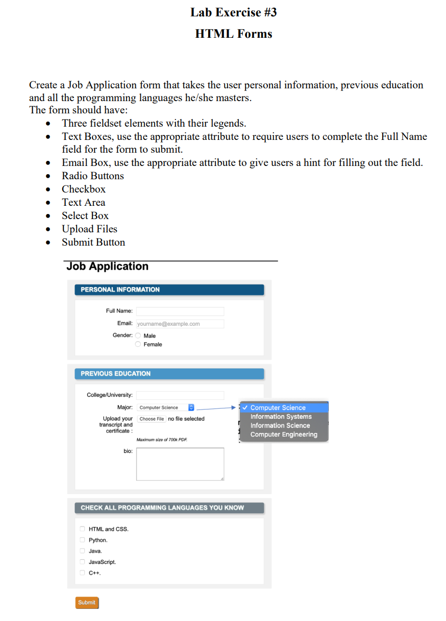 Solved Lab Exercise \#3 HTML Forms Create a Job Application | Chegg.com