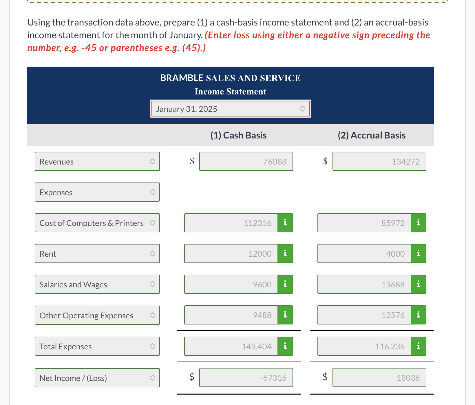 Using the transaction data above, prepare (1) a cash-basis income statement and (2) an accrual-basis income statement for the
