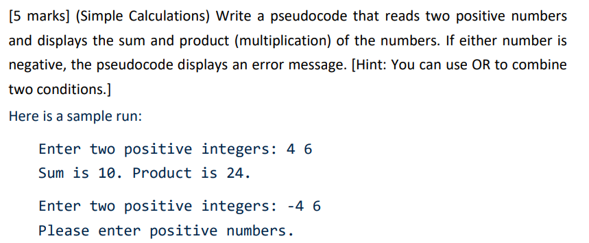Solved [5 ﻿marks] (Simple Calculations) ﻿Write a pseudocode | Chegg.com