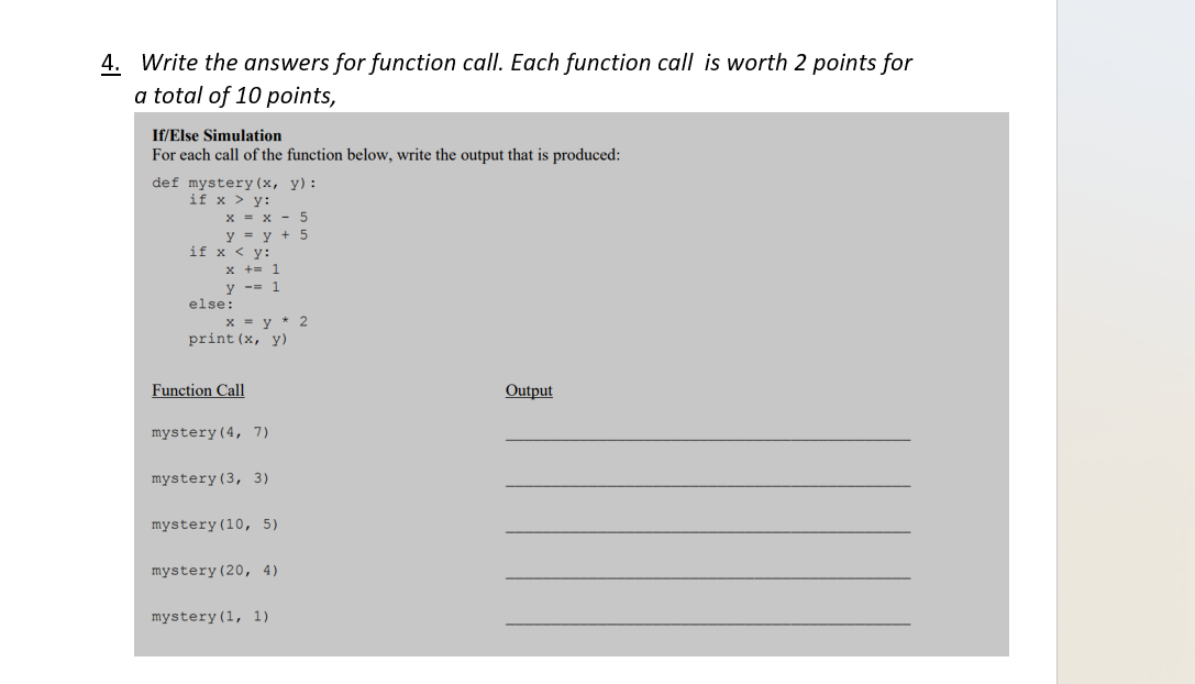 Solved Write the answers for function call. Each function | Chegg.com