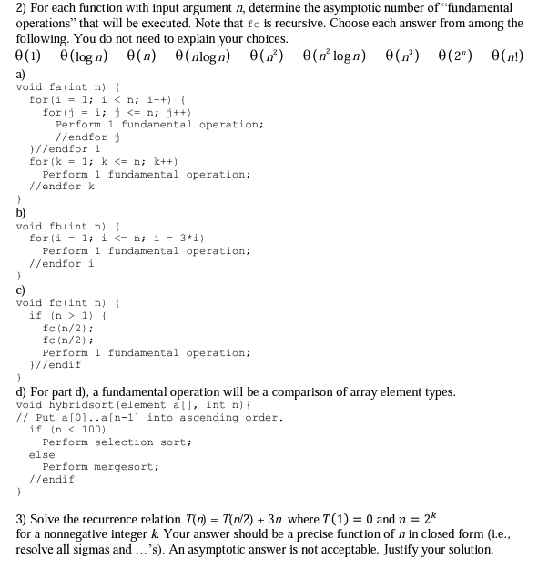 Solved 2) For each function with input argument n, determine | Chegg.com