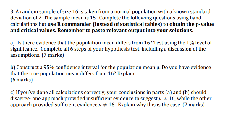 Solved 3. A random sample of size 16 is taken from a normal | Chegg.com