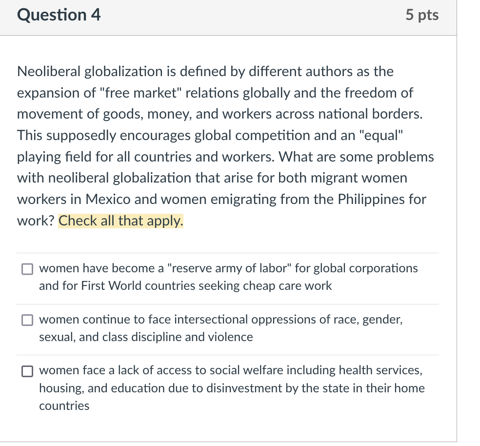 Neoliberal globalization is defined by different Chegg