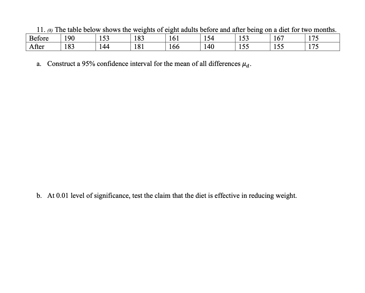 Solved 11. (8) The table below shows the weights of eight | Chegg.com