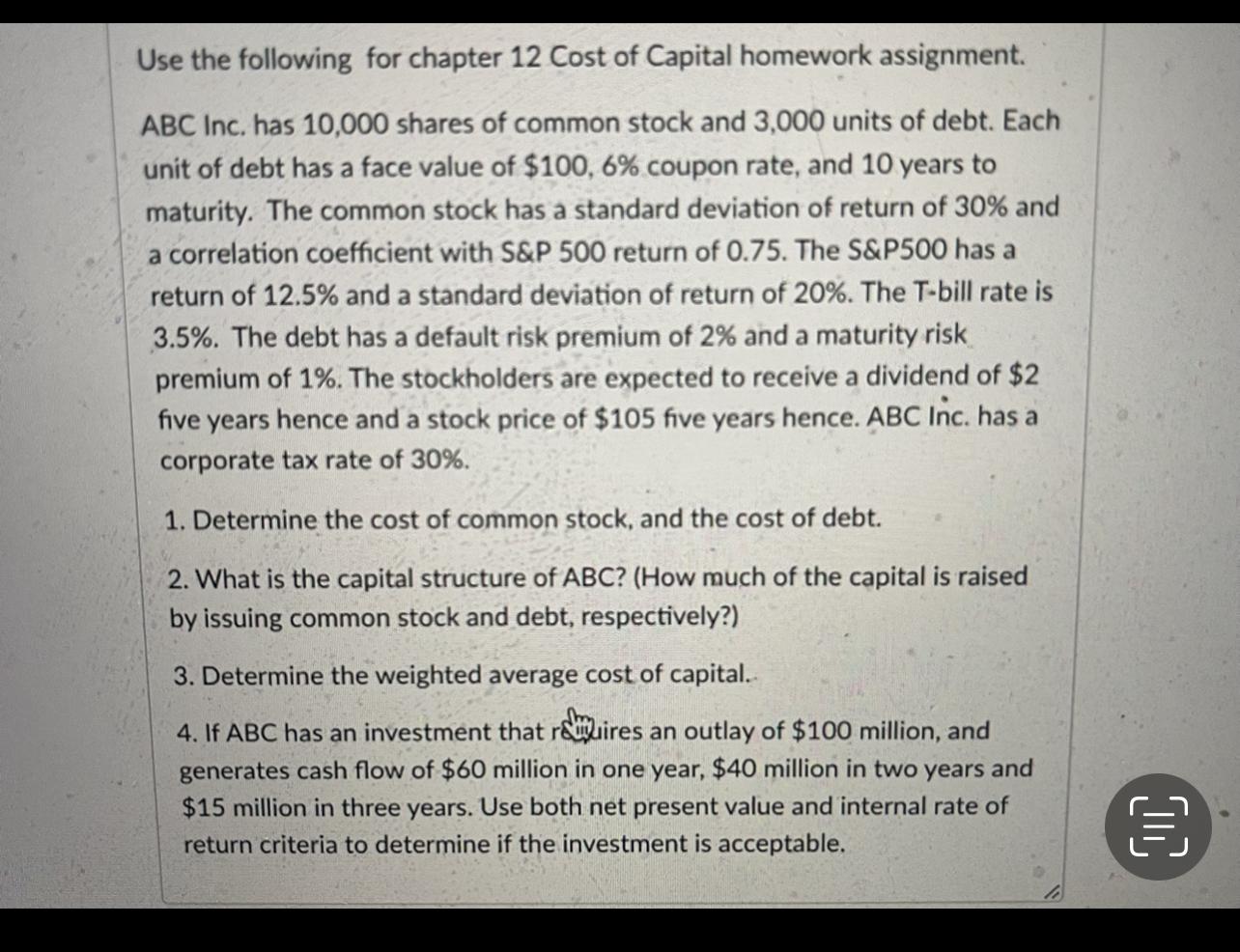 Solved Use the following for chapter 12 Cost of Capital | Chegg.com