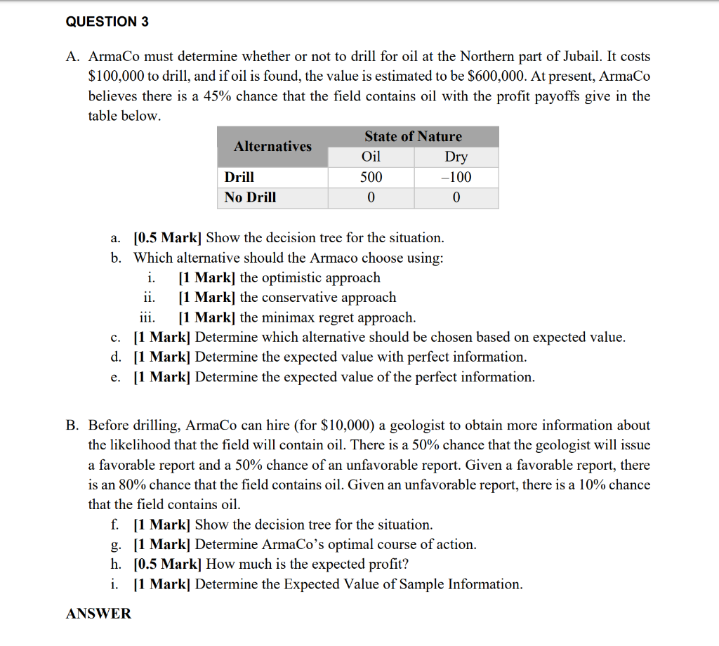 Oilco must determine whether or not to drill for oil in the