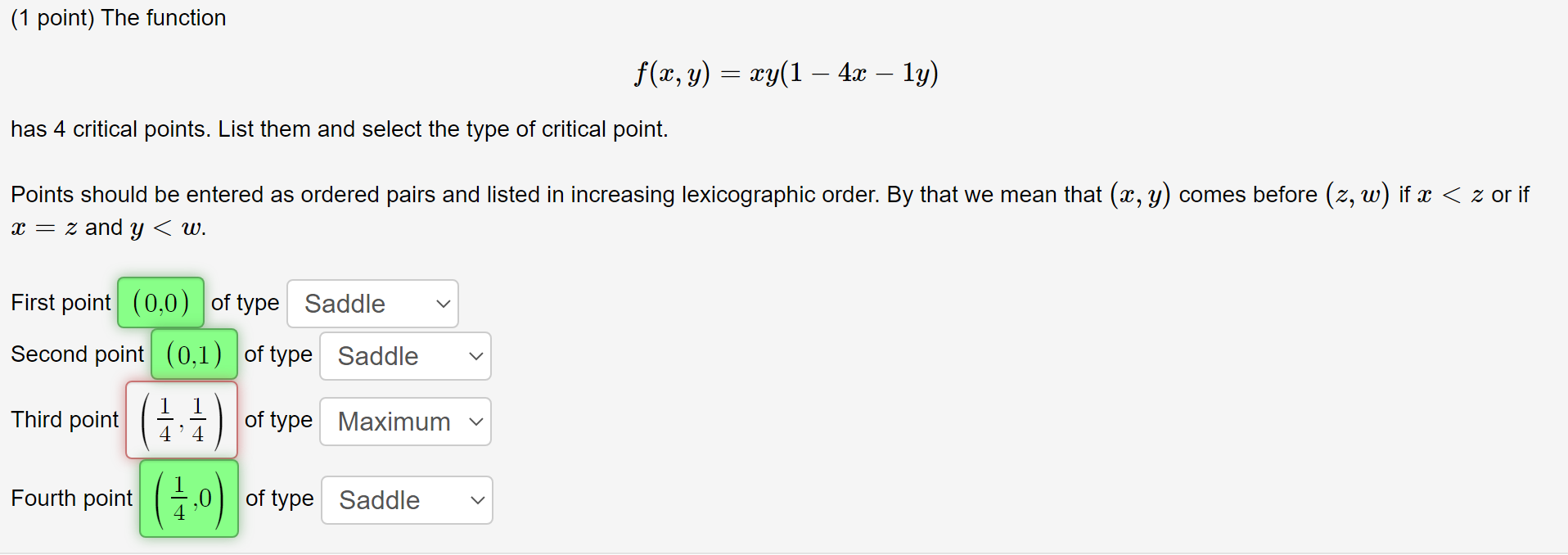 Solved 1 Point The Function Fxyxy1−4x−1y Has 4 1090