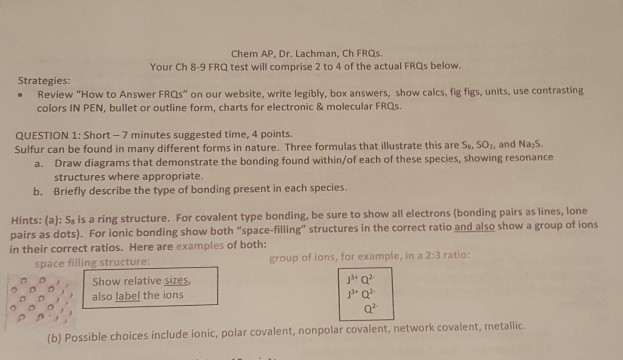 Solved Chem AP, Dr. Lachman, Ch FRQs Your Ch 8-9 FRQ Test | Chegg.com