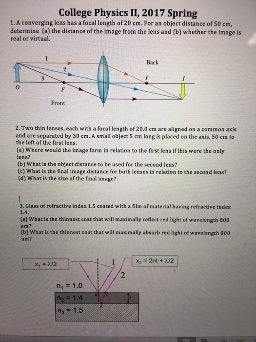 Solved A Converging Lens Has A Focal Length Of 20 Cm For An Chegg