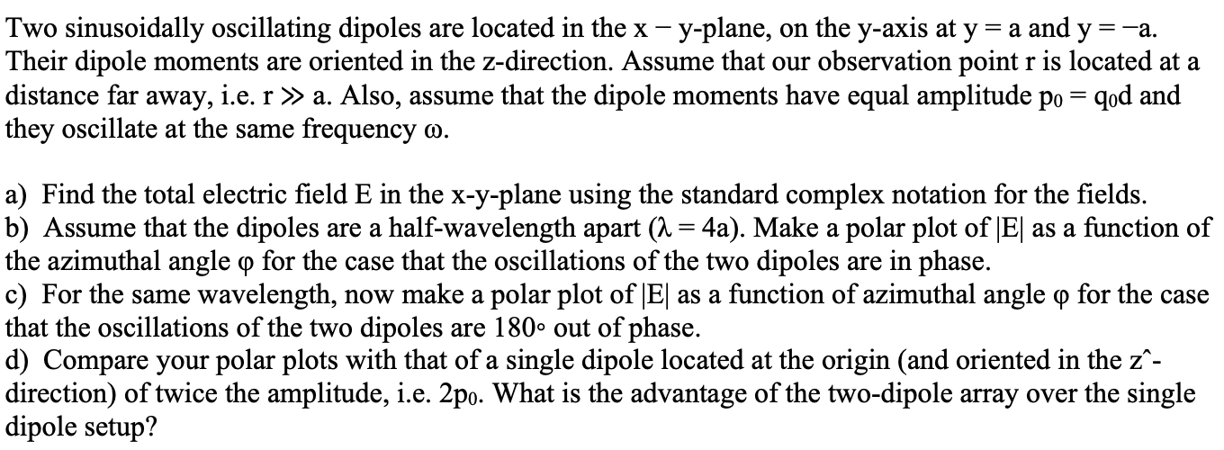 Solved Two sinusoidally oscillating dipoles are located in | Chegg.com