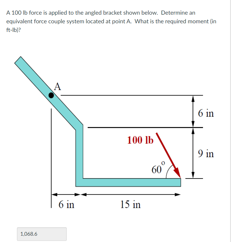 Solved A 100 lb force is applied to the angled bracket shown
