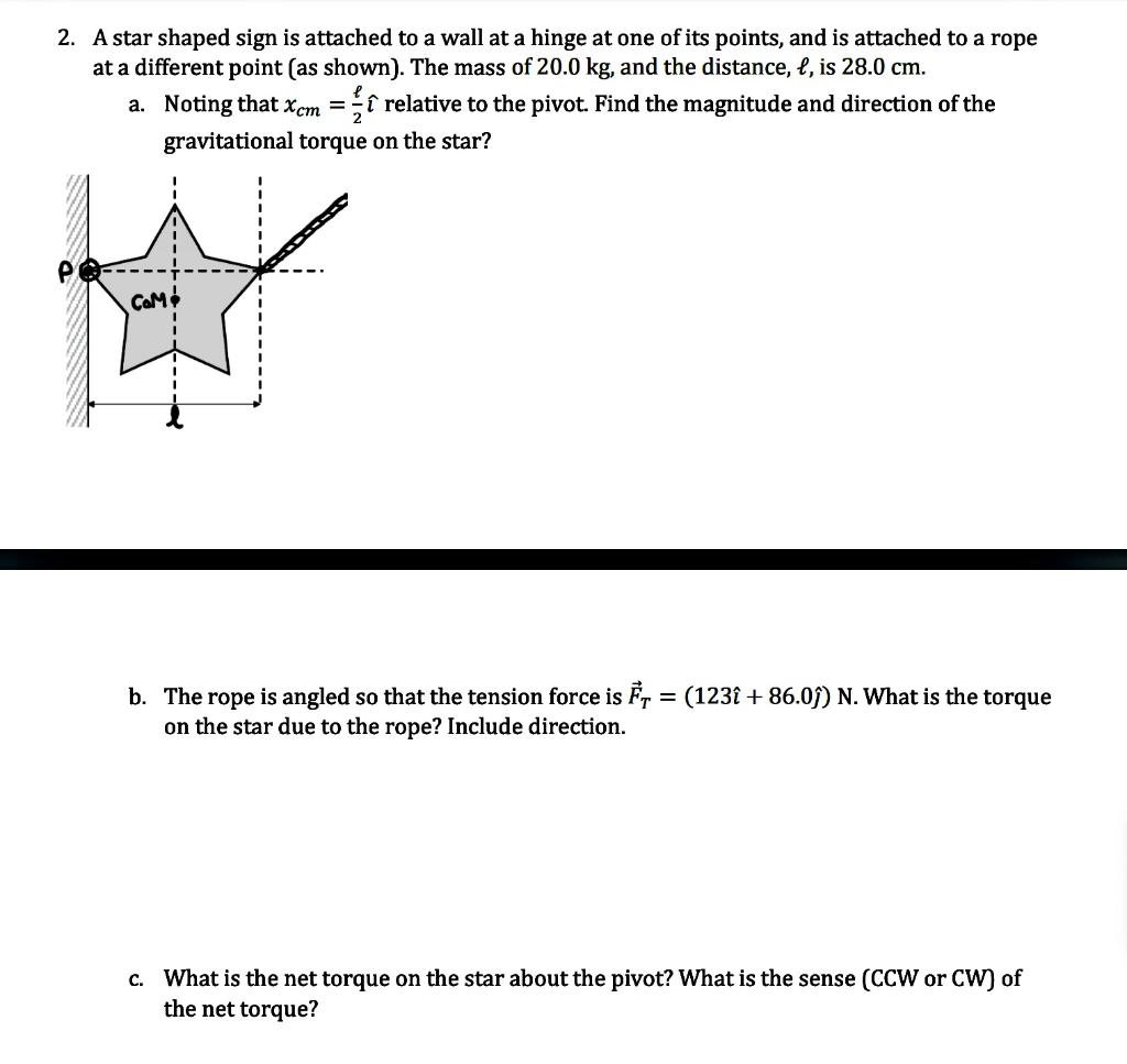 2. A star shaped sign is attached to a wall at a hinge at one of its points, and is attached to a rope at a different point (