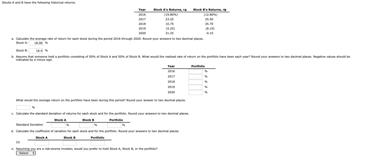 Solved Stocks A and B have the following historical returns: | Chegg.com