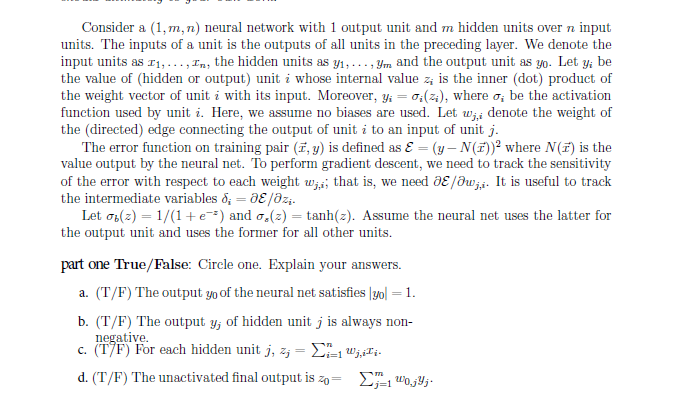 Consider a (1, m, n) neural network with 1 output | Chegg.com