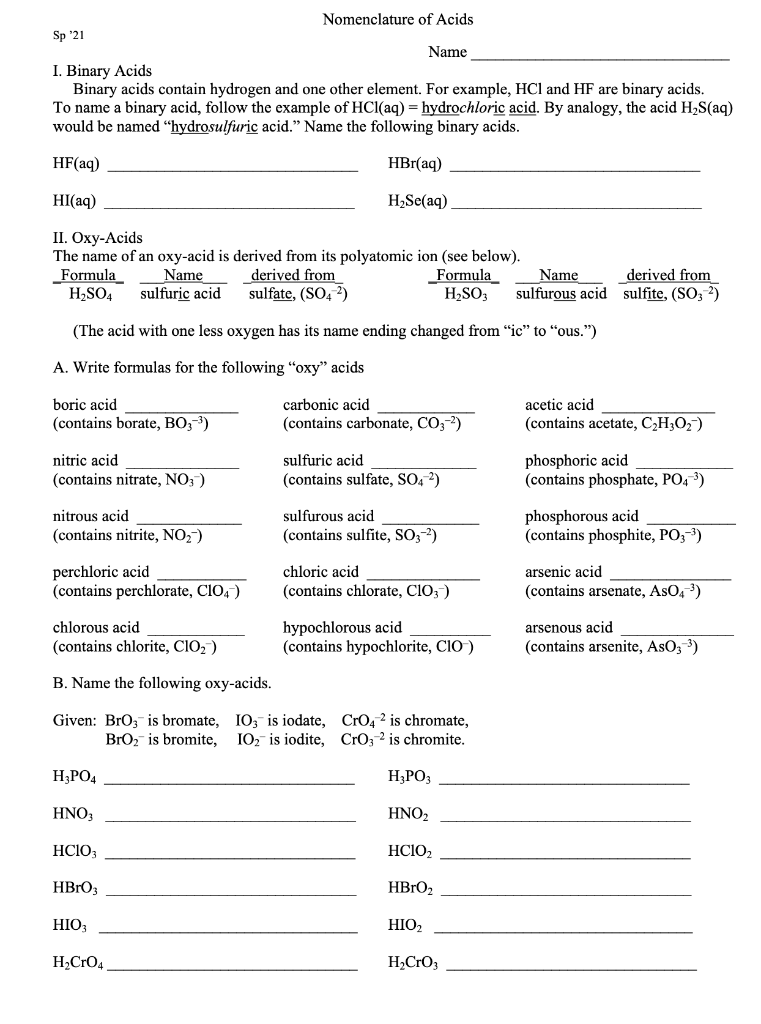 Solved Nomenclature of Acids Sp 21 Name I. Binary Acids | Chegg.com