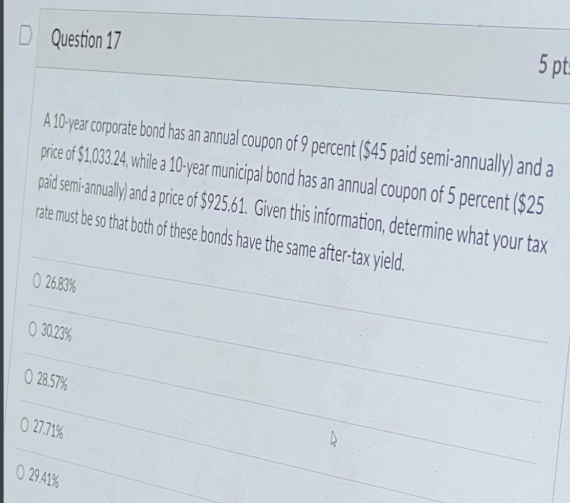 Solved D Question 17 5 Pt: A 10-year Corporate Bond Has An | Chegg.com