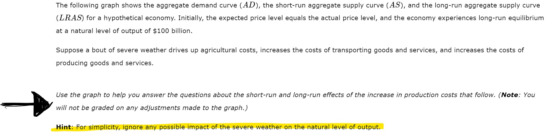 The following graph shows the aggregate demand curve ( \( A D) \), the short-run aggregate supply curve ( \( A S) \), and the