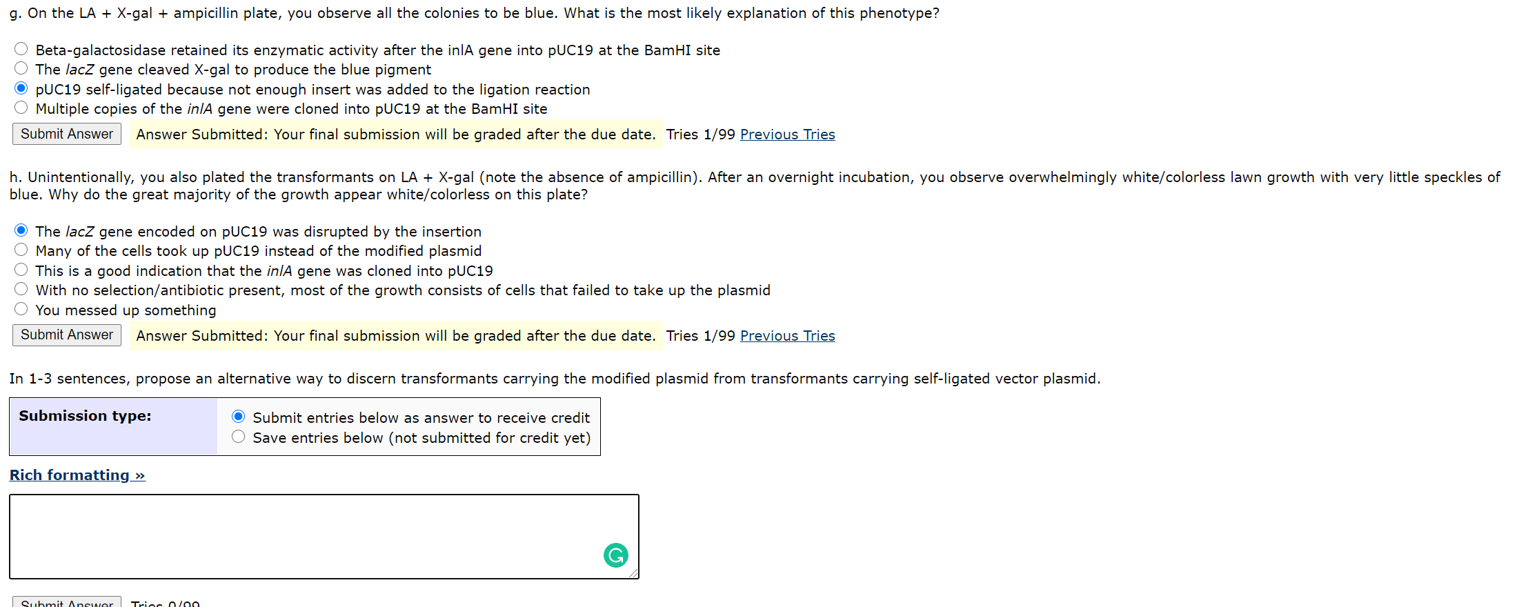 Solved G On The La X Gal Ampicillin Plate You Obser Chegg Com