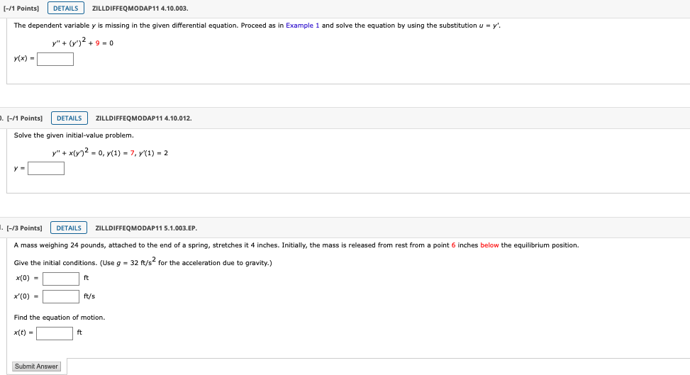 Solved [-/1 Points] DETAILS ZILLDIFFEQMODAP11 4.10.003. | Chegg.com