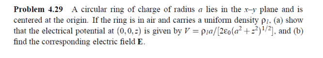 Solved Problem 4.29 A circular ring of charge of radius a | Chegg.com