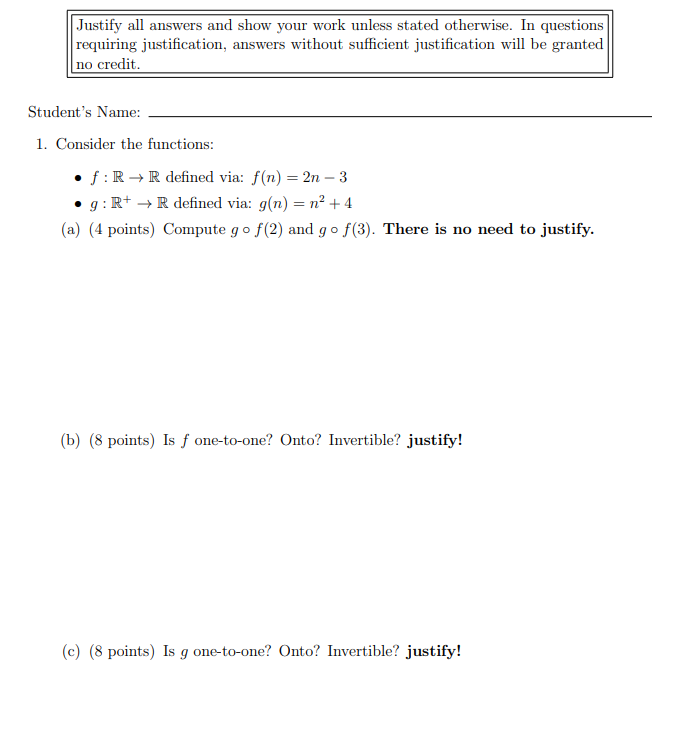 Solved 1. Consider the functions: • f : R → R defined via: | Chegg.com