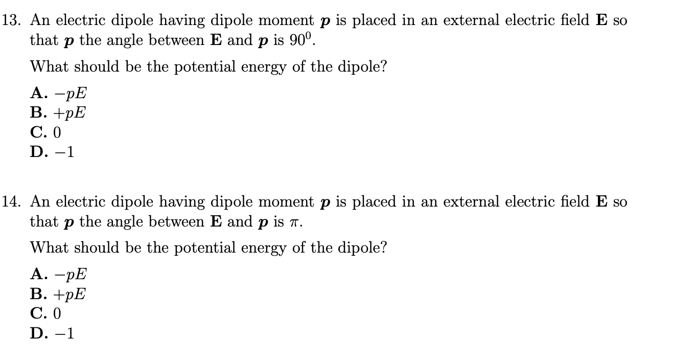 Solved 13. An electric dipole having dipole moment p is | Chegg.com