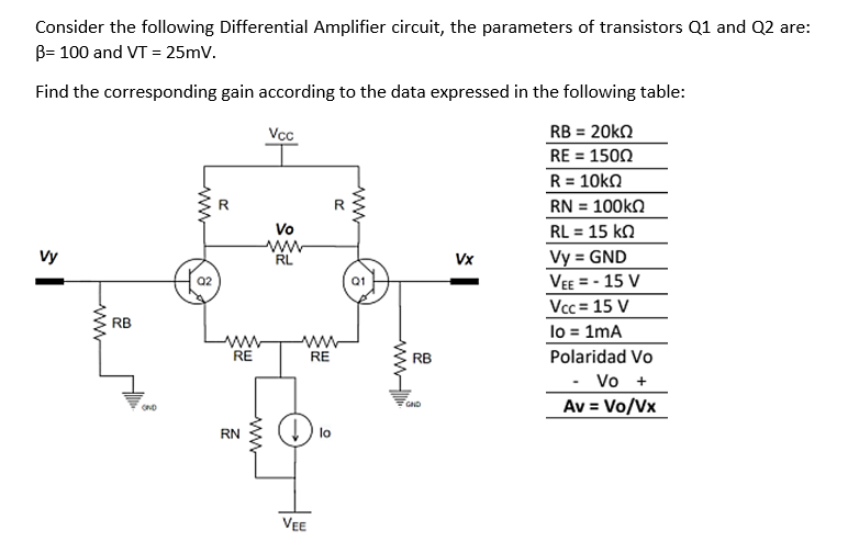 Solved Consider the following Differential Amplifier | Chegg.com