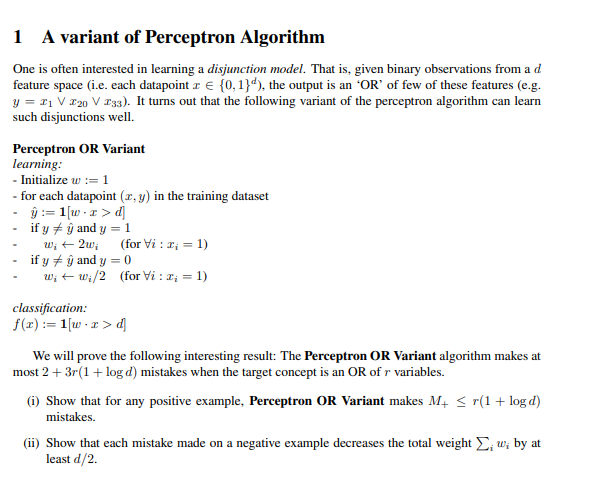 Solved 1 A variant of Perceptron Algorithm One is often | Chegg.com