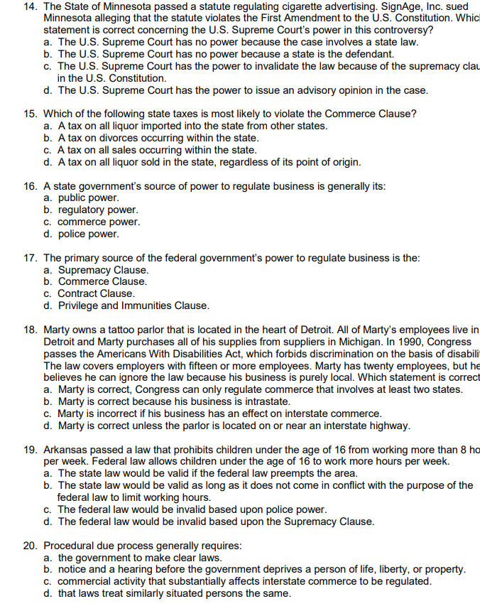 14. The State of Minnesota passed a statute | Chegg.com