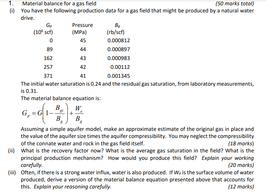 43 1. Material balance for a gas field (50 marks | Chegg.com