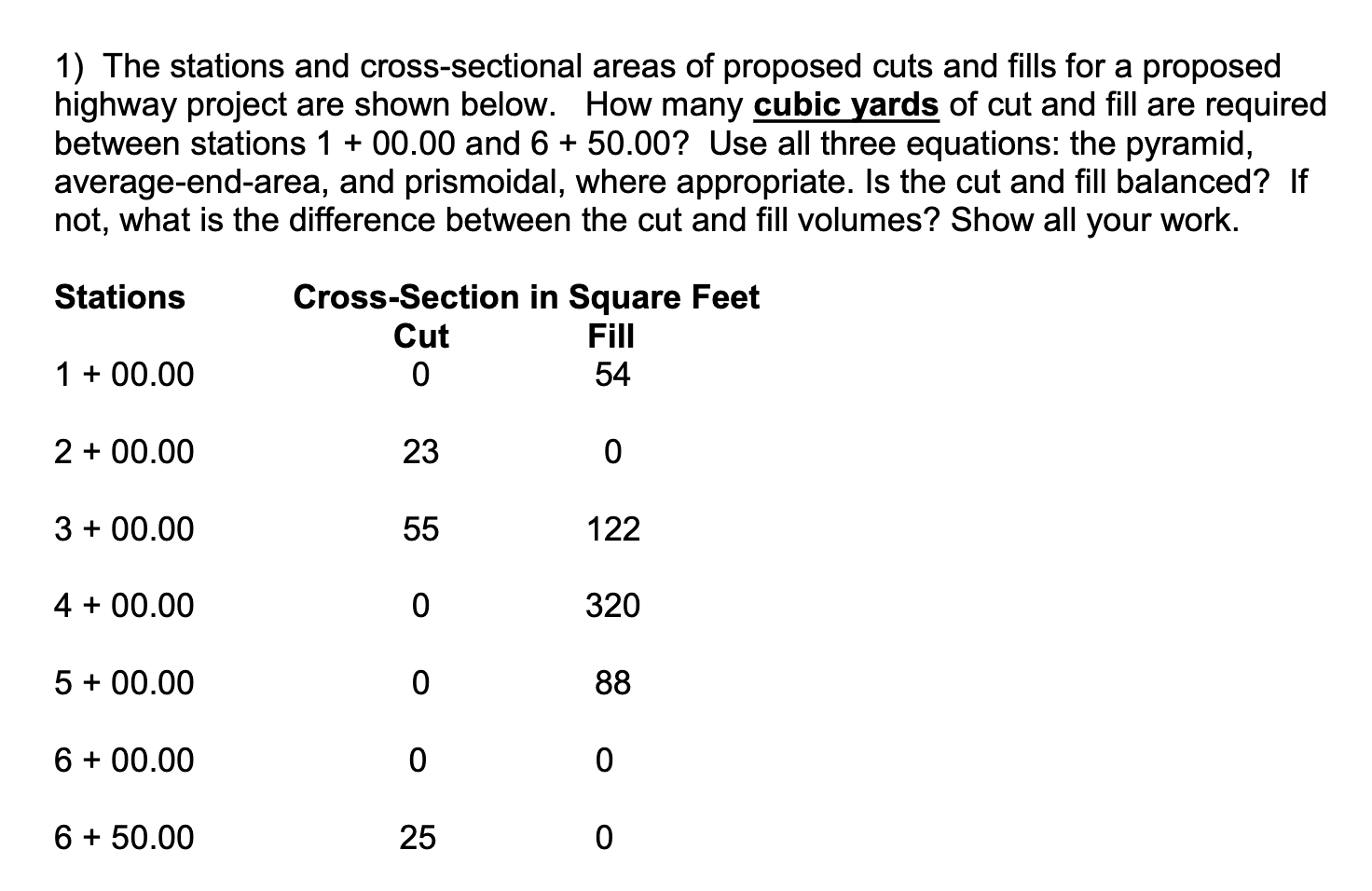 Solved 1) The Stations And Cross-sectional Areas Of Proposed | Chegg.com