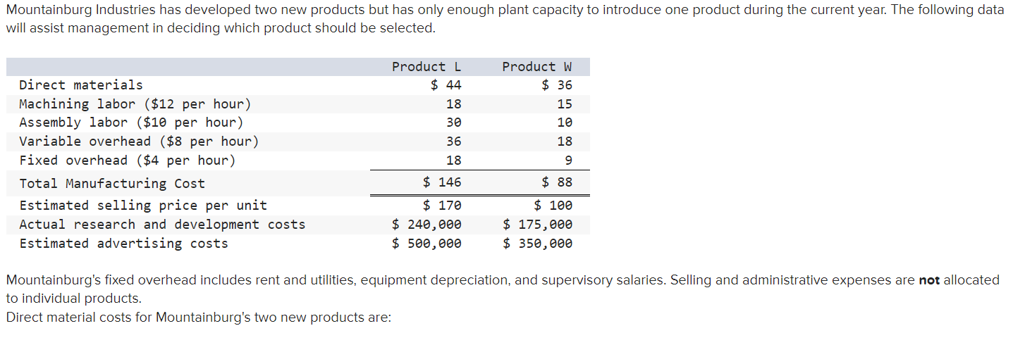 Mountainburg Industries has developed two new products but has only enough plant capacity to introduce one product during the