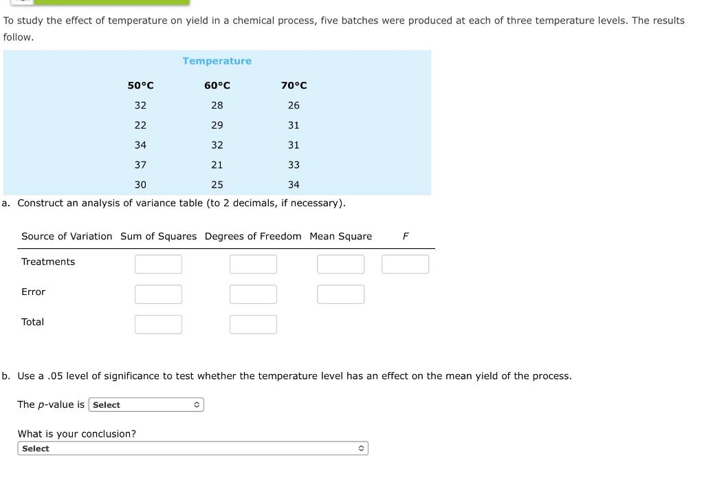 Solved To study the effect of temperature on yield in a | Chegg.com