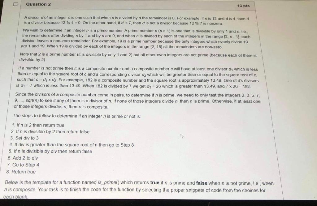 Solved U Question 2 13 Pts A Divisor D Of An Integer N Is Chegg Com