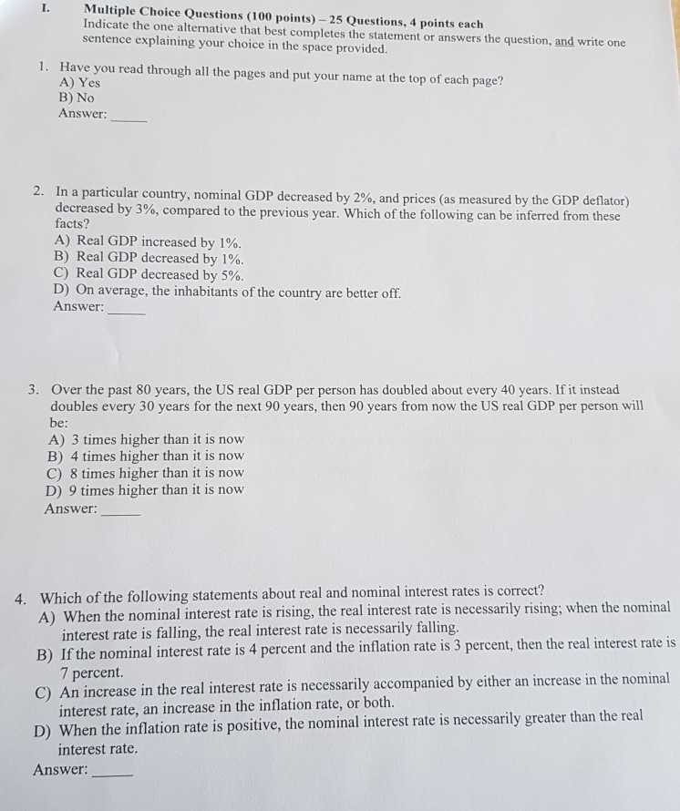 Solved Multiple Choice Questions (100 points) - 25 | Chegg.com
