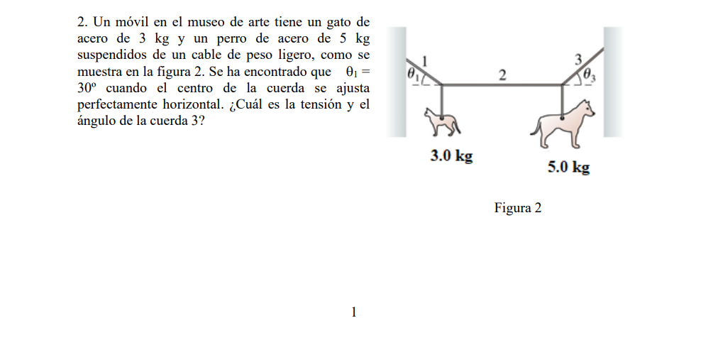 2. Un móvil en el museo de arte tiene un gato de acero de \( 3 \mathrm{~kg} \) y un perro de acero de \( 5 \mathrm{~kg} \) su