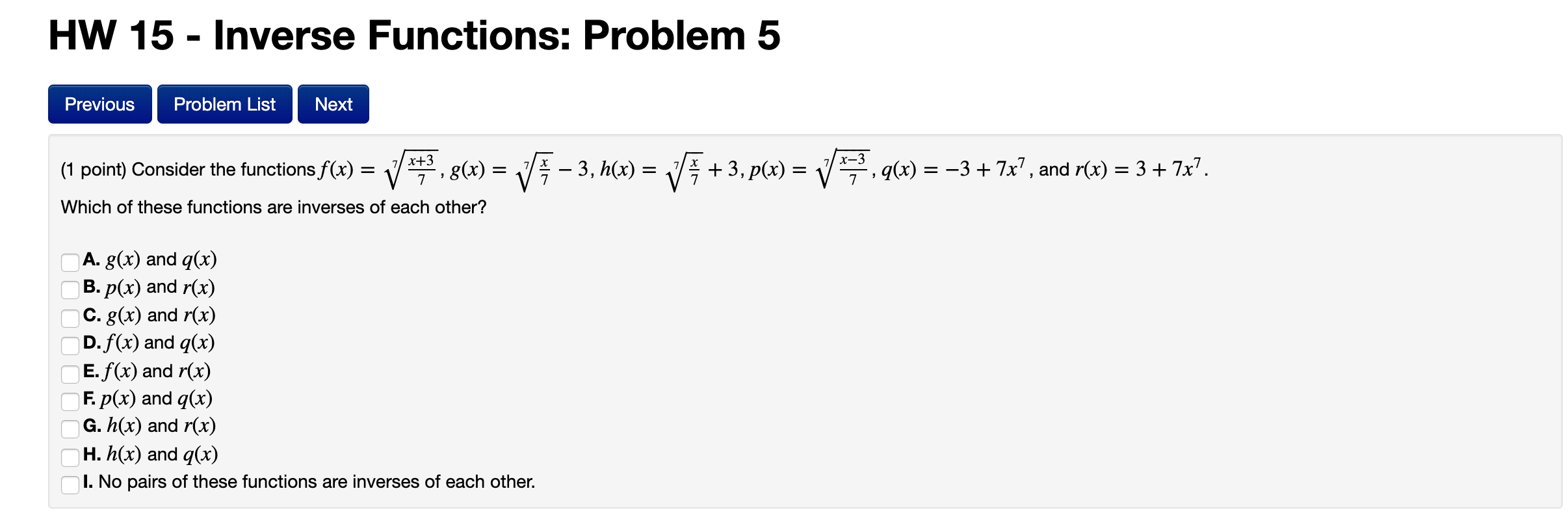 Solved Hw 15 Inverse Functions Problem 5 Previous Prob Chegg Com