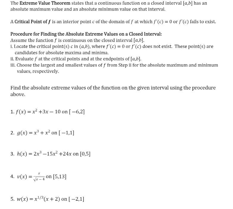 Solved The Extreme Value Theorem states that a continuous | Chegg.com