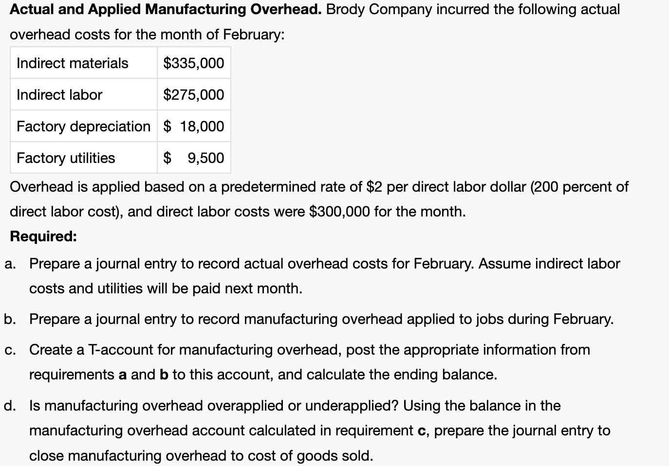 Solved Actual And Applied Manufacturing Overhead. Brody | Chegg.com