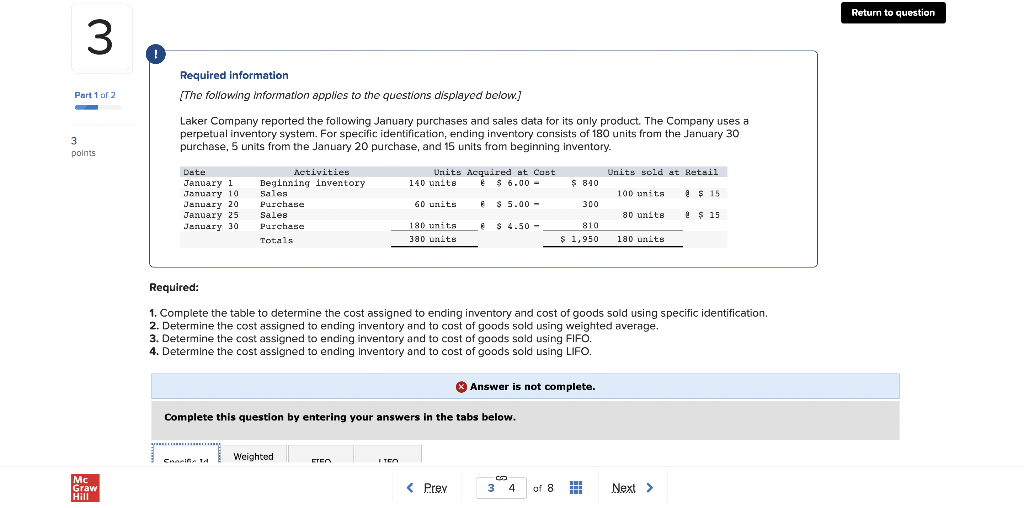 Solved Return to question 3 O Part 1 of 2 Required | Chegg.com